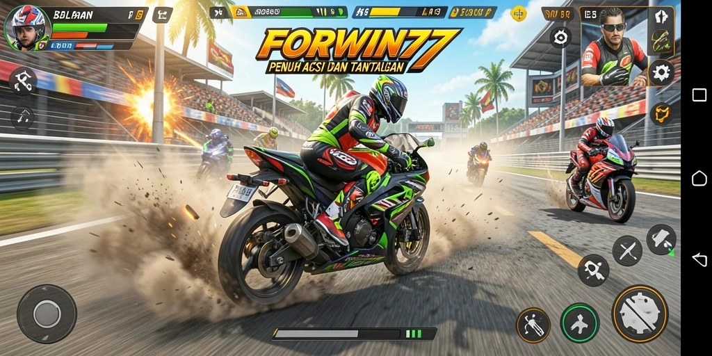 Screenshot utama FORWIN77 menampilkan aksi balapan motor yang mendebarkan.