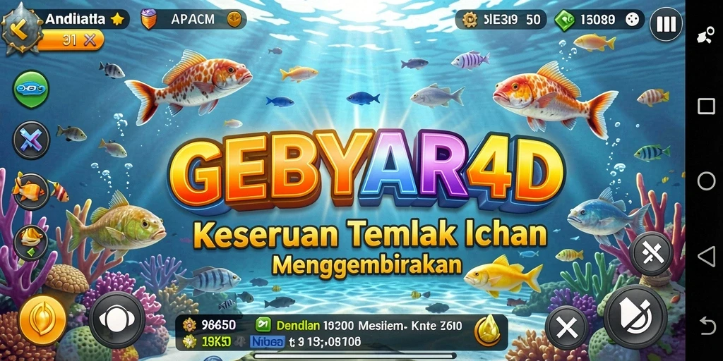 Screenshot GEBYAR4D menampilkan aksi menembak ikan yang seru.