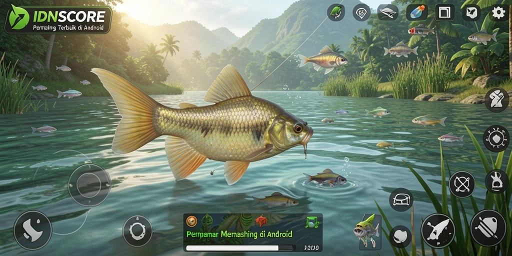Screenshot gameplay IDNSCORE menampilkan aksi memancing yang seru.