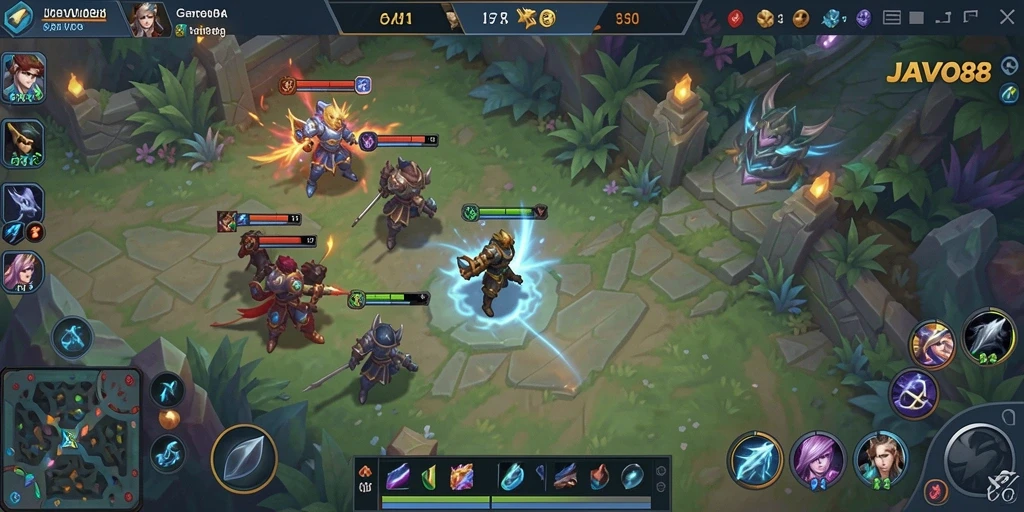 Screenshot gameplay menampilkan aksi seru dalam pertarungan MOBA.