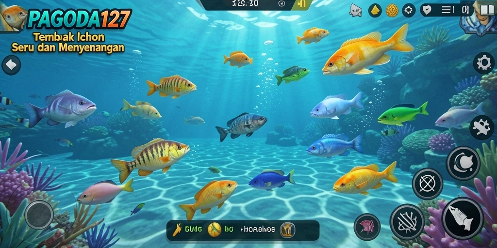 Screenshot permainan PAGODA127 yang menampilkan aksi menembak ikan.