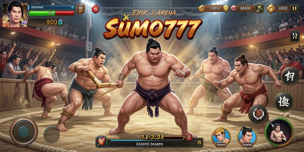 Gameplay seru SUMO777 dengan pertarungan pegulat sumo.